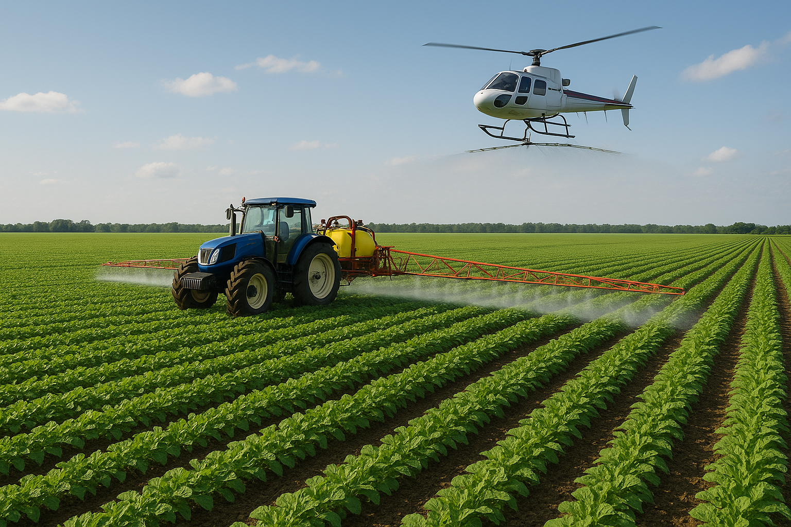 Helicopter spraying farm